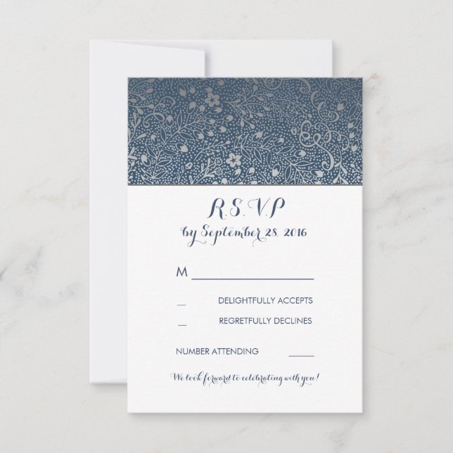 Silver Floral Vintage Navy Wedding RSVP Cards (Front)