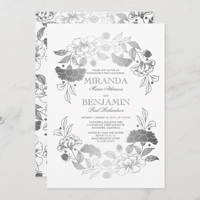Silver Floral Wreath Elegant Engagement Party Invitation (Front/Back)