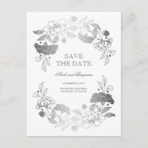 Silver Floral Wreath   Peonies Save the Date Announcement Postcard
