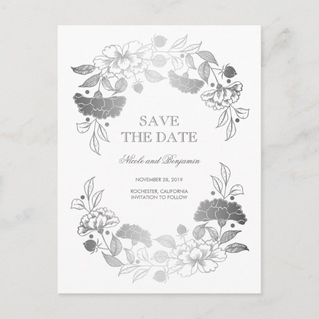 Silver Floral Wreath | Peonies Save the Date Announcement Postcard (Front)