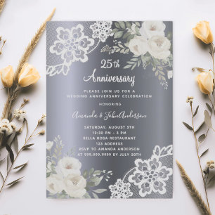Silver florals 25th wedding anniversary luxury invitation