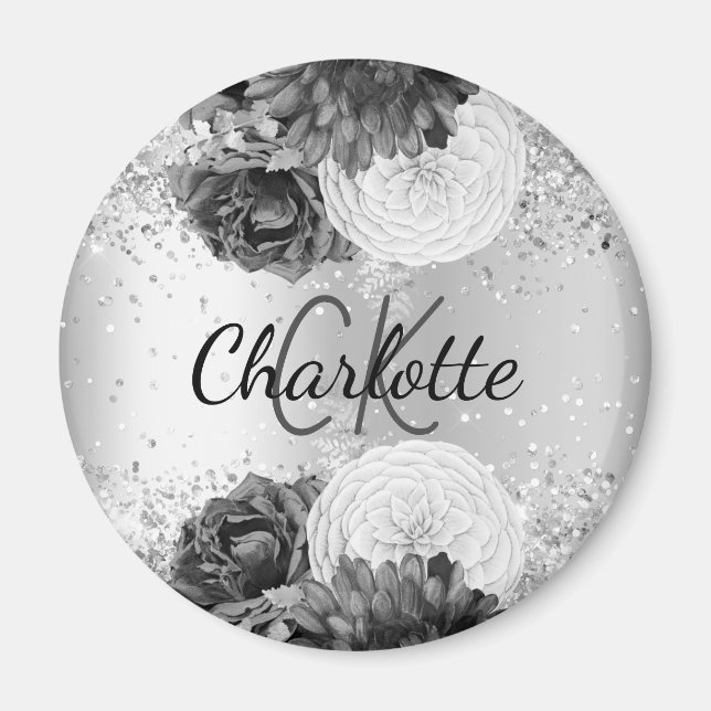 Silver florals elegant monogram name magnet (Front)