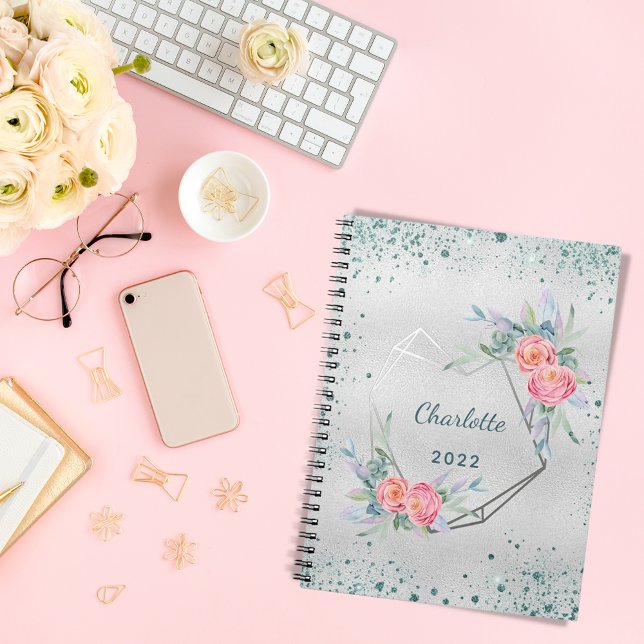Silver florals green glitter sparkles name notebook (Creator Uploaded)
