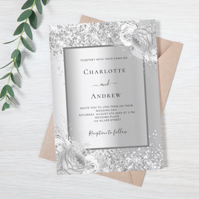 Silver florals monochrome wedding invitation (Creator Uploaded)