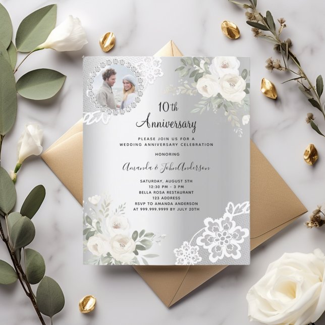 Silver florals photo 10th wedding invitation (Creator Uploaded)