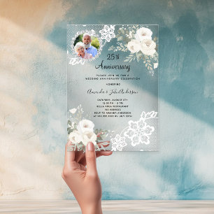 Silver florals photo 25th wedding anniversary acrylic invitations