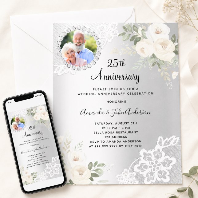 Silver florals photo 25th wedding anniversary invitation (Creator Uploaded)