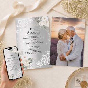 Silver florals photo 60th wedding anniversary invitation