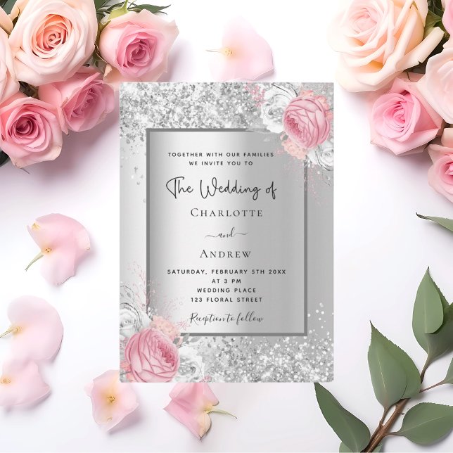 Silver florals pink white elegant wedding invitation (Creator Uploaded)