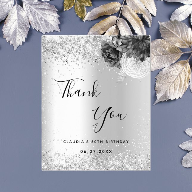 Silver florals sparkle budget thank you card (Creator Uploaded)
