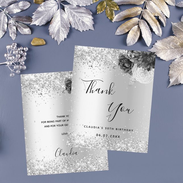 Silver florals sparkle elegant thank you card (Creator Uploaded)