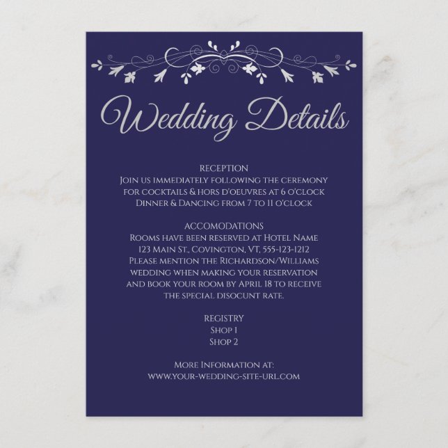Silver Flourish Elegant Navy Blue Wedding Details Enclosure Card (Front)