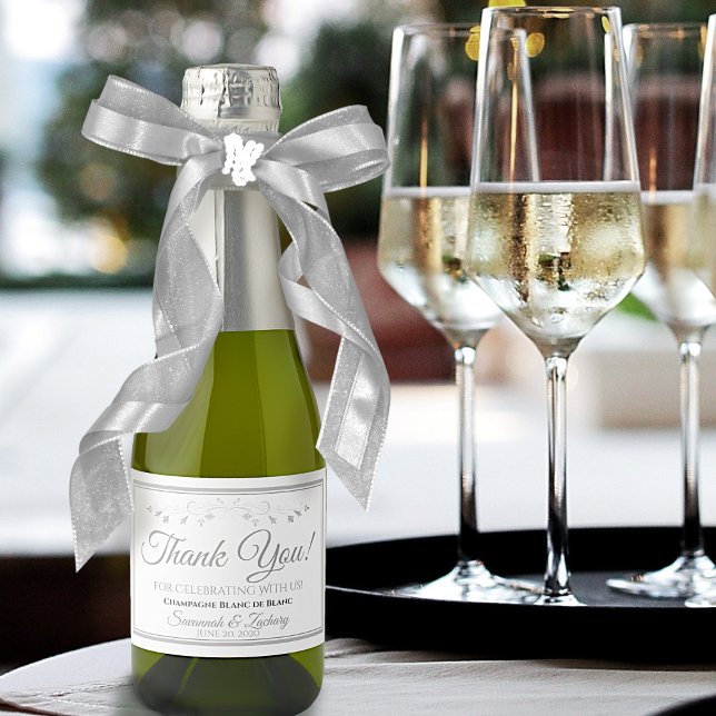 Silver Flourish Elegant Wedding Thank You Mini Sparkling Wine Label (Creator Uploaded)