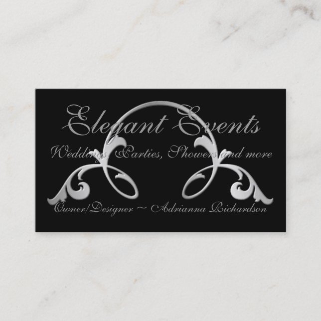 "Silver Flourish On Black" Business Card (Front)