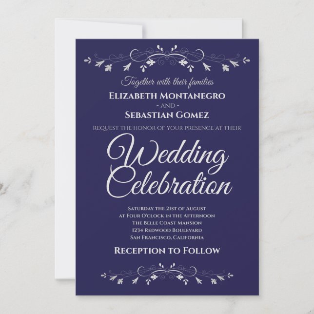 Silver Flourish on Navy Simple Elegant Wedding Invitation (Front)