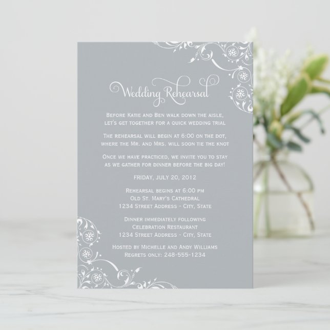 Silver Flourish Wedding Rehearsal Invitation (Standing Front)