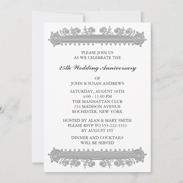 Silver Flower 25th Wedding Aniversary Invitation (Front)