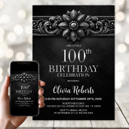 Silver Flower Black 100th Birthday Party Invitation