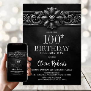Silver Flower Black 100th Birthday Party Invitation