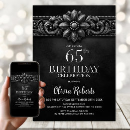 Silver Flower Black 65th Birthday Party Invitation