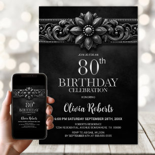 Silver Flower Black 80th Birthday Party Invitation