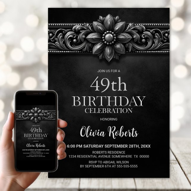 Silver Flower Black Any Age Birthday Party Invitation (Creator Uploaded)