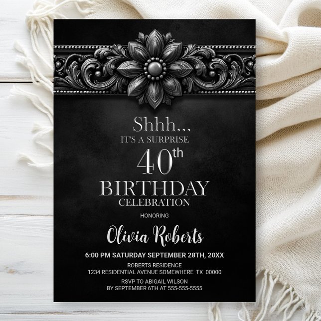 Silver Flower Black Surprise 40th Birthday Party Invitation (Creator Uploaded)