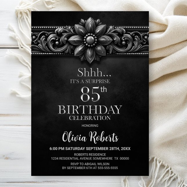 Silver Flower Black Surprise 85th Birthday Party Invitation (Creator Uploaded)