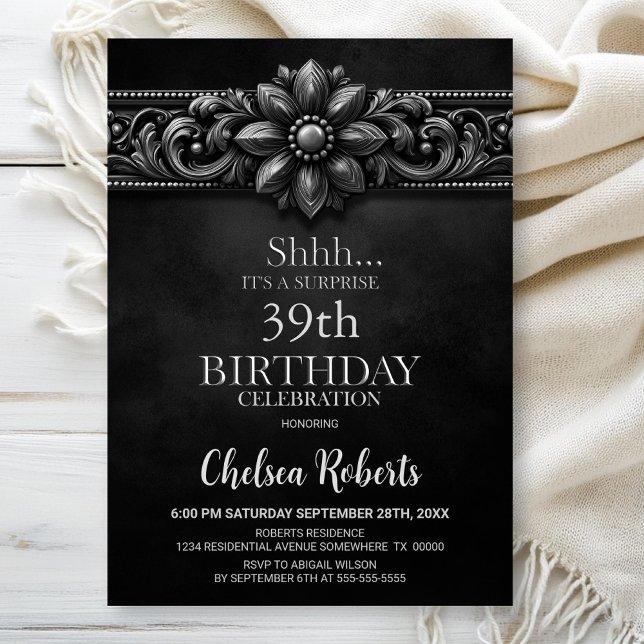 Silver Flower Black Surprise Birthday Party Invitation (Creator Uploaded)