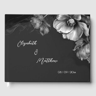 Silver Flower Black   Wedding Guest Book