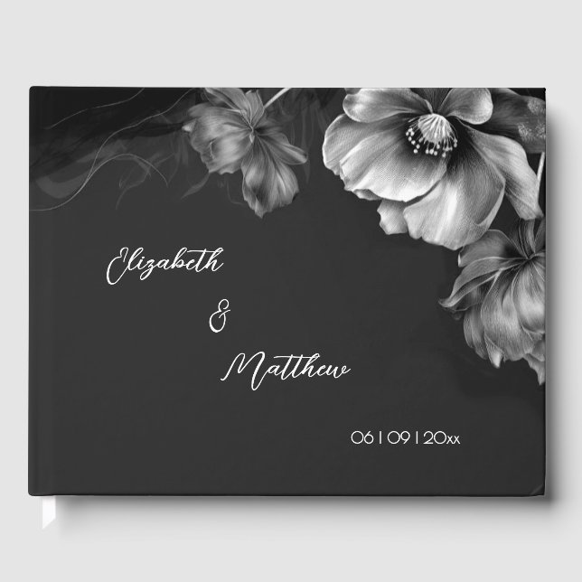 Silver Flower Black | Wedding Guest Book (Front)