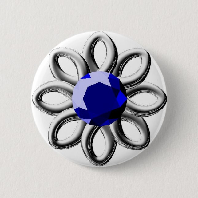 Silver flower with blue stone 6 cm round badge (Front)