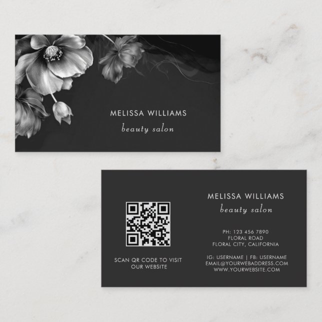 Silver Flowers Black  Business Card (Front/Back)