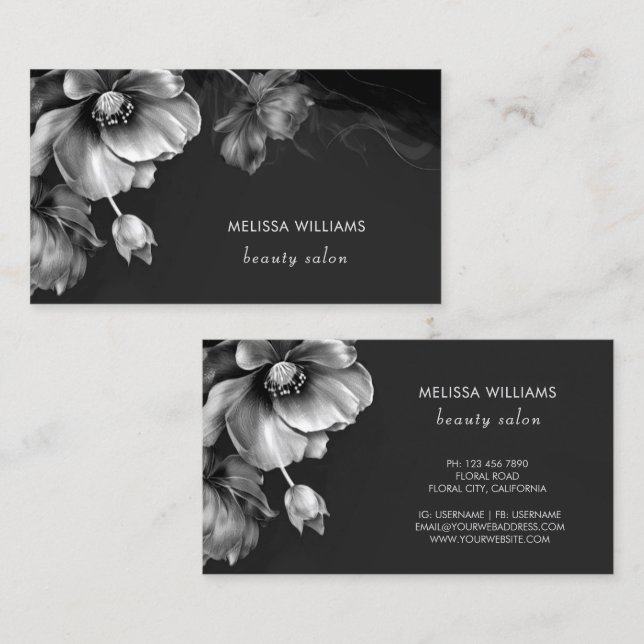 Silver Flowers Black  Business Card (Front/Back)