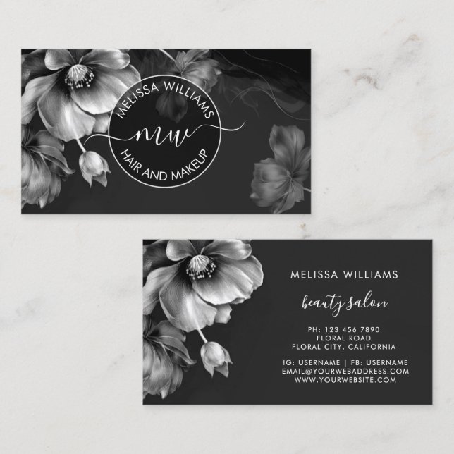 Silver Flowers Black Logo Business Card (Front/Back)