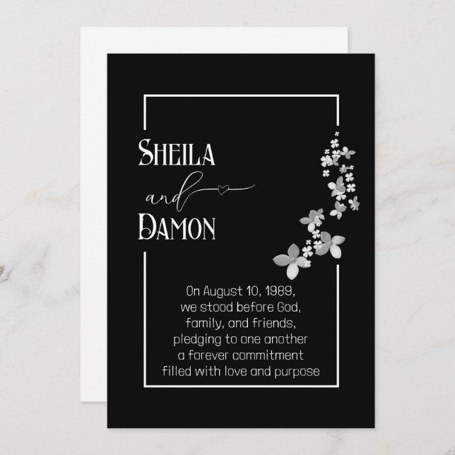 Silver Flowers On Black Wedding Vow Renewal  Invitation (Front/Back)