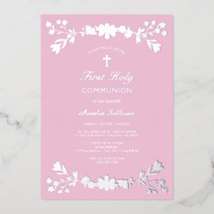 Silver Flowers on Pink First Communion