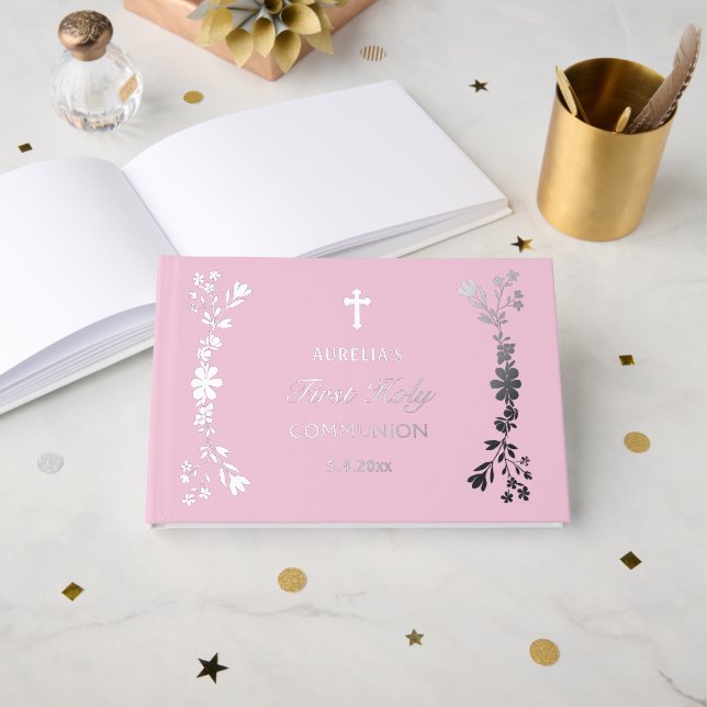 Silver Flowers on Pink First Communion Guest Book (Front Open)