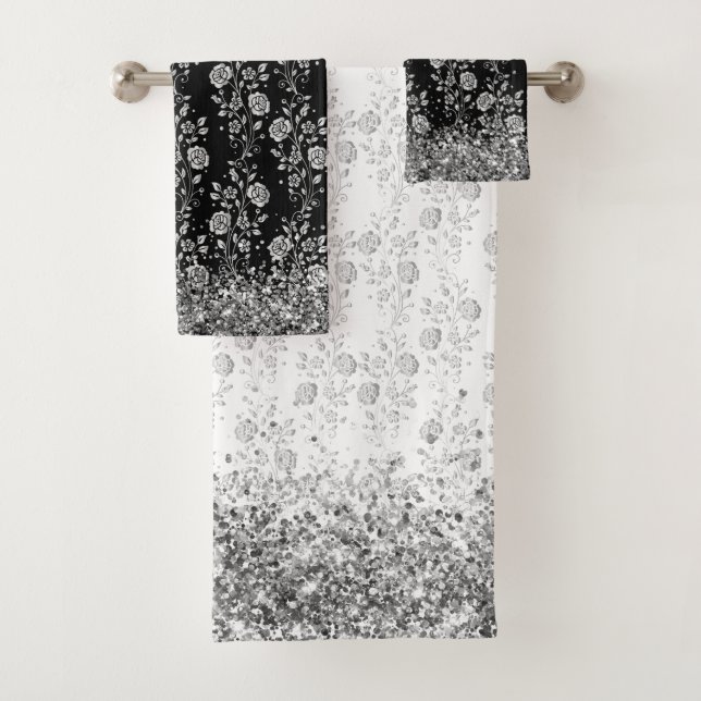 Silver Flowers on White and Black Glittery Bath Towel Set (Insitu)
