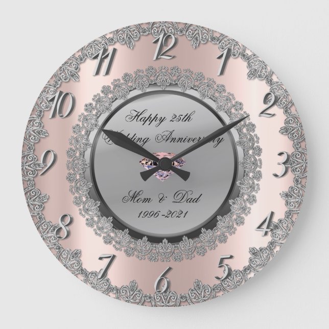 Silver Flowers  Rose Gold 25th Wedding Anniversary Large Clock (Front)