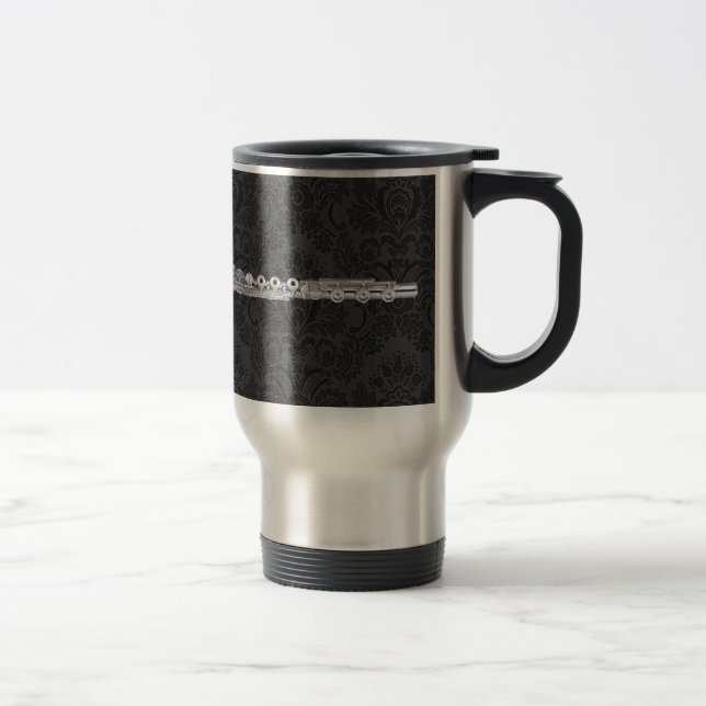 Silver Flute on Black Damask Travel Mug (Right)