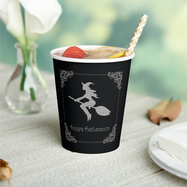 Silver Flying Witch Halloween Paper Cups (Insitu)