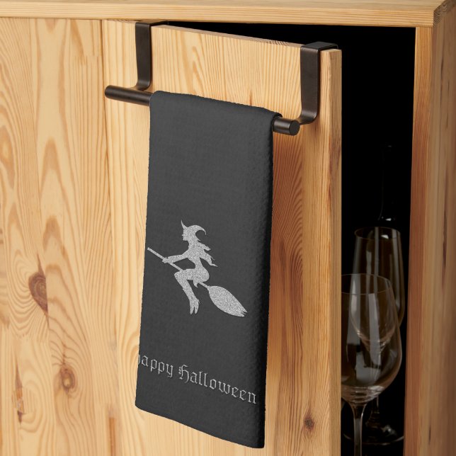 Silver Flying Witch Halloween Tea Towel (Thirds Fold)