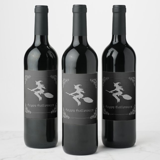 Silver Flying Witch Halloween Wine Label (Bottles)