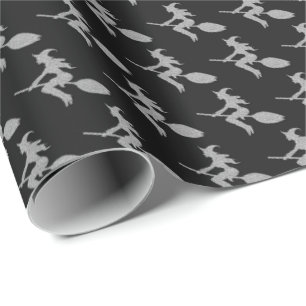 Silver Flying Witch Halloween Wrapping Paper