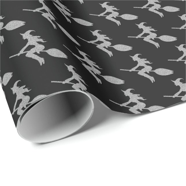 Silver Flying Witch Halloween Wrapping Paper (Roll Corner)