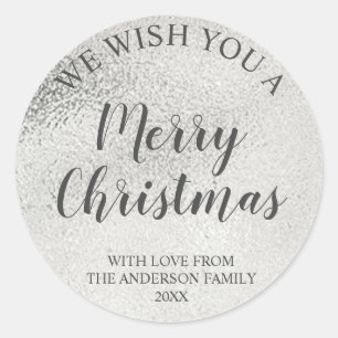 Silver Foil and Grey Script Merry Christmas Classic Round Sticker