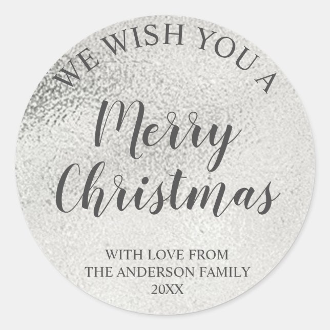 Silver Foil and Grey Script Merry Christmas Classic Round Sticker (Front)