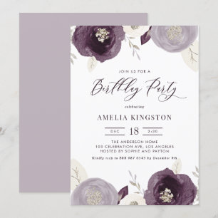Silver Foil and Purple Flowers Chic Birthday Party Invitation