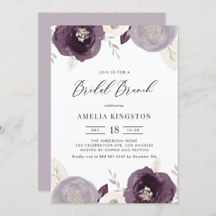 Silver Foil and Purple Flowers Chic Bridal Brunch Invitation